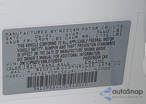 2021 Nissan Kicks Sr Xtronic Cvt z USA, uszkodzony, nr VIN 3N1CP5DV1ML512020